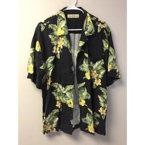 Tommy Bahama Shirt Mens Sz L Black Green Floral Leaf Palm 100% Silk Short Sleeve